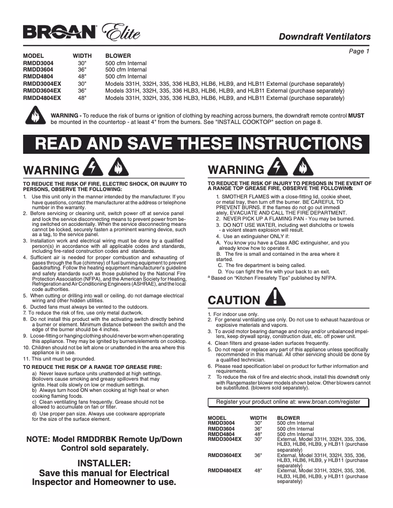 Page 1 de la notice Guide d'installation Broan RMDD3004