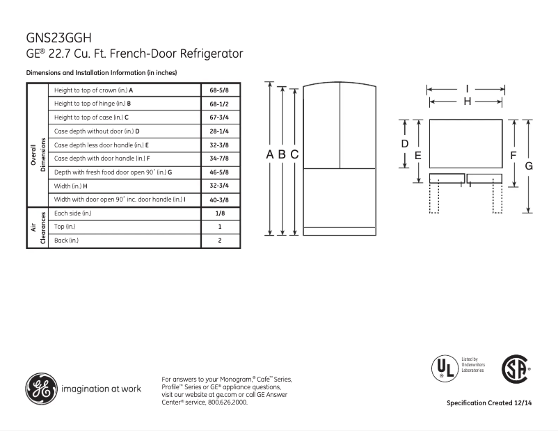 Page 1 de la notice Fiche technique GE GNS23GGHBB