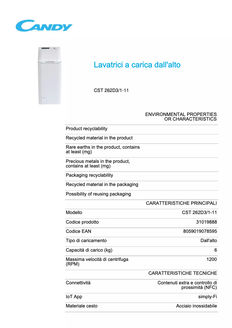 Page 1 de la notice Fiche technique Candy CST 262D3/1-11