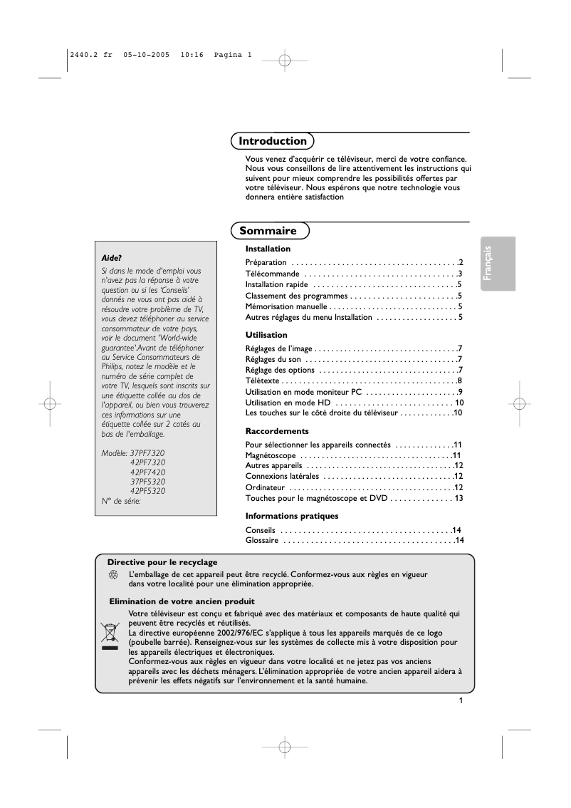 Image de la première page du manuel de l'appareil 42PF5320