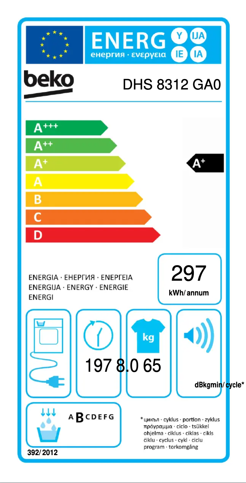 Page 1 de la notice Label énergétique Beko DHS 8312 GA0