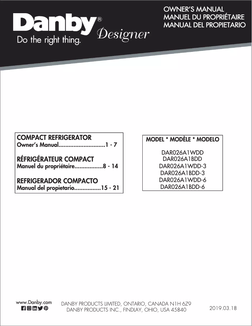 Página 1 del manual Guía de instalación Danby DAR026A1