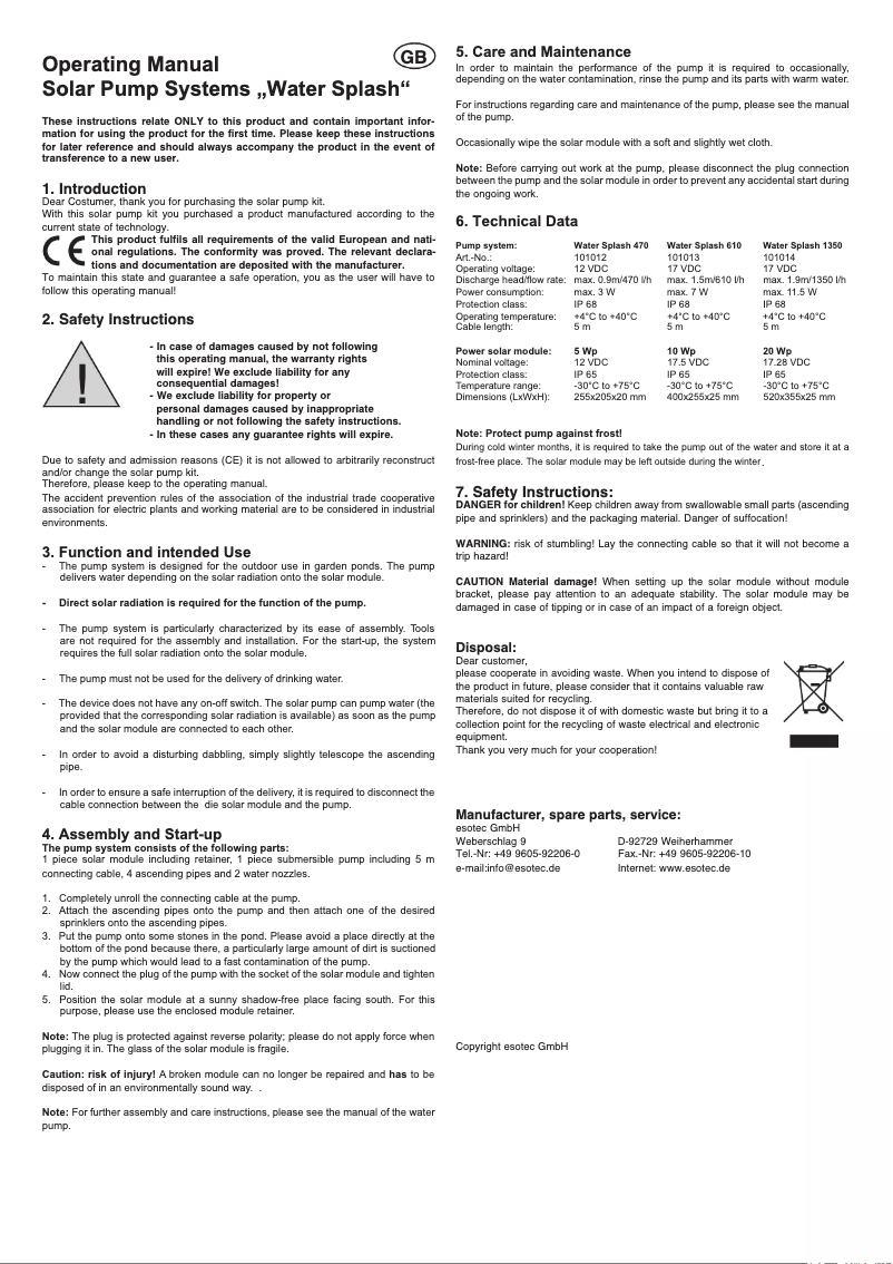 Página 1 del manual Manual de usuario Esotec Water Splash