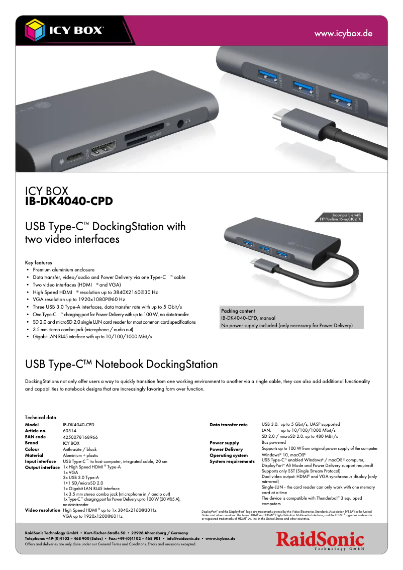Page 1 de la notice Fiche technique Icy Box IB-DK4040-CPD