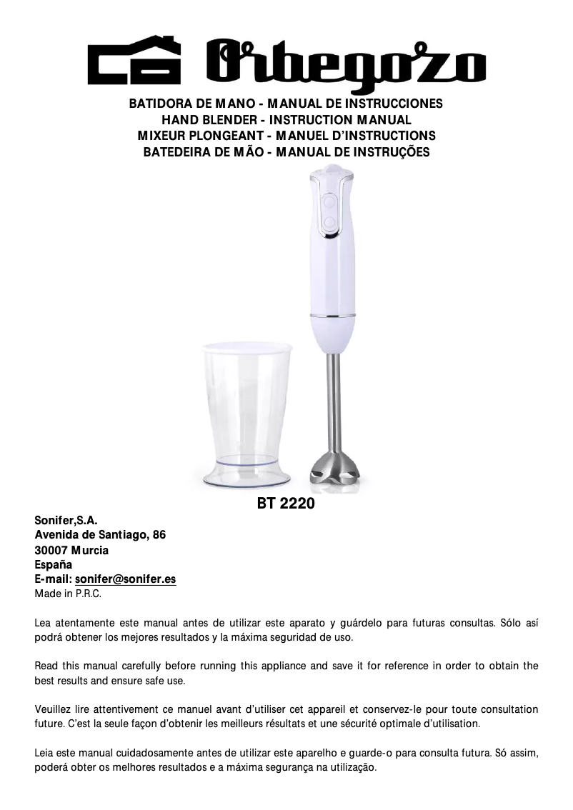 Page 1 de la notice Manuel utilisateur Orbegozo BT 2220