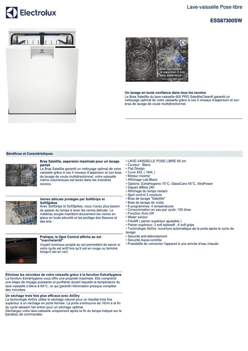 Page 1 de la notice Fiche technique Electrolux ESS87300SW