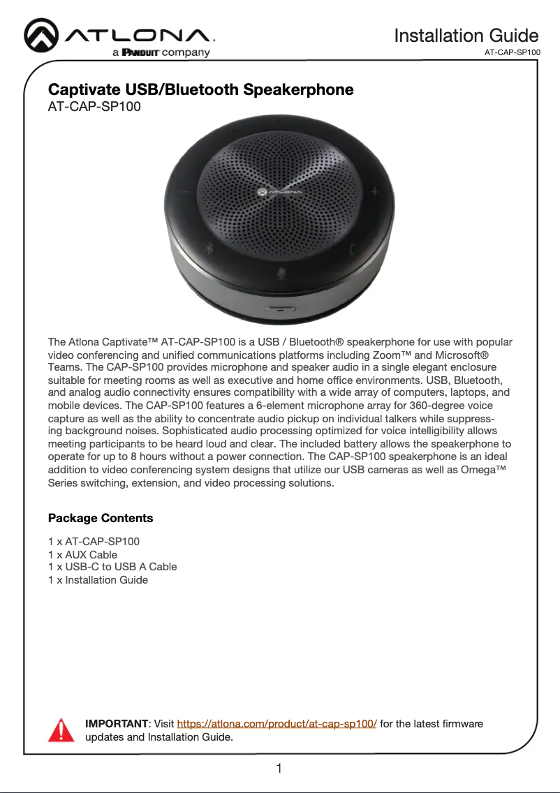 Page 1 de la notice Guide d'installation Atlona Captive AT-CAP-SP100