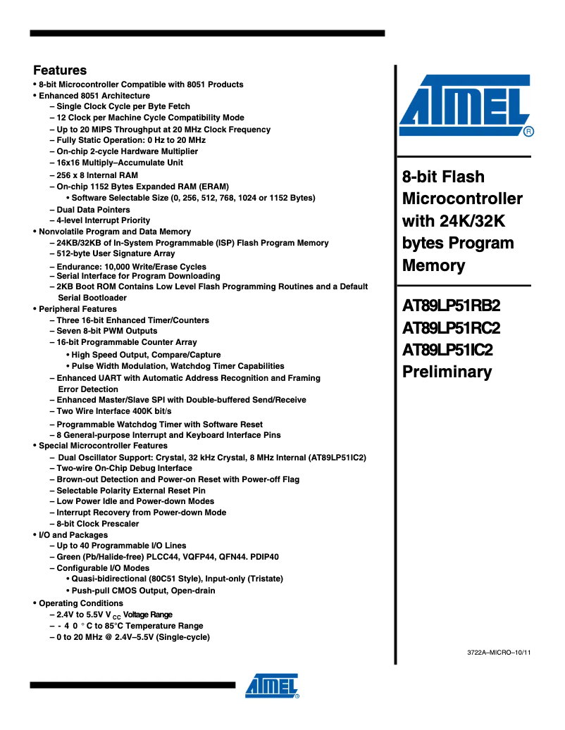 Page 1 de la notice Fiche technique Microchip AT89LP51RC2