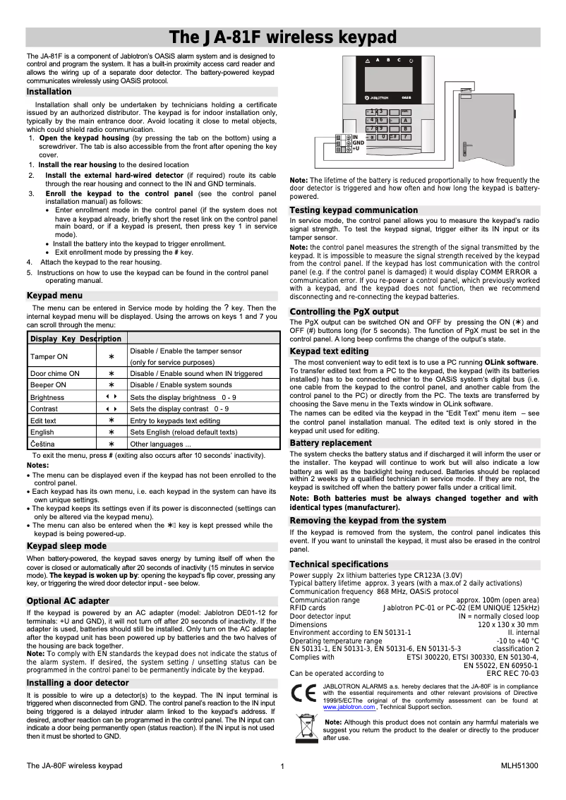 Imagen de la primera página del manual del dispositivo JA-81F