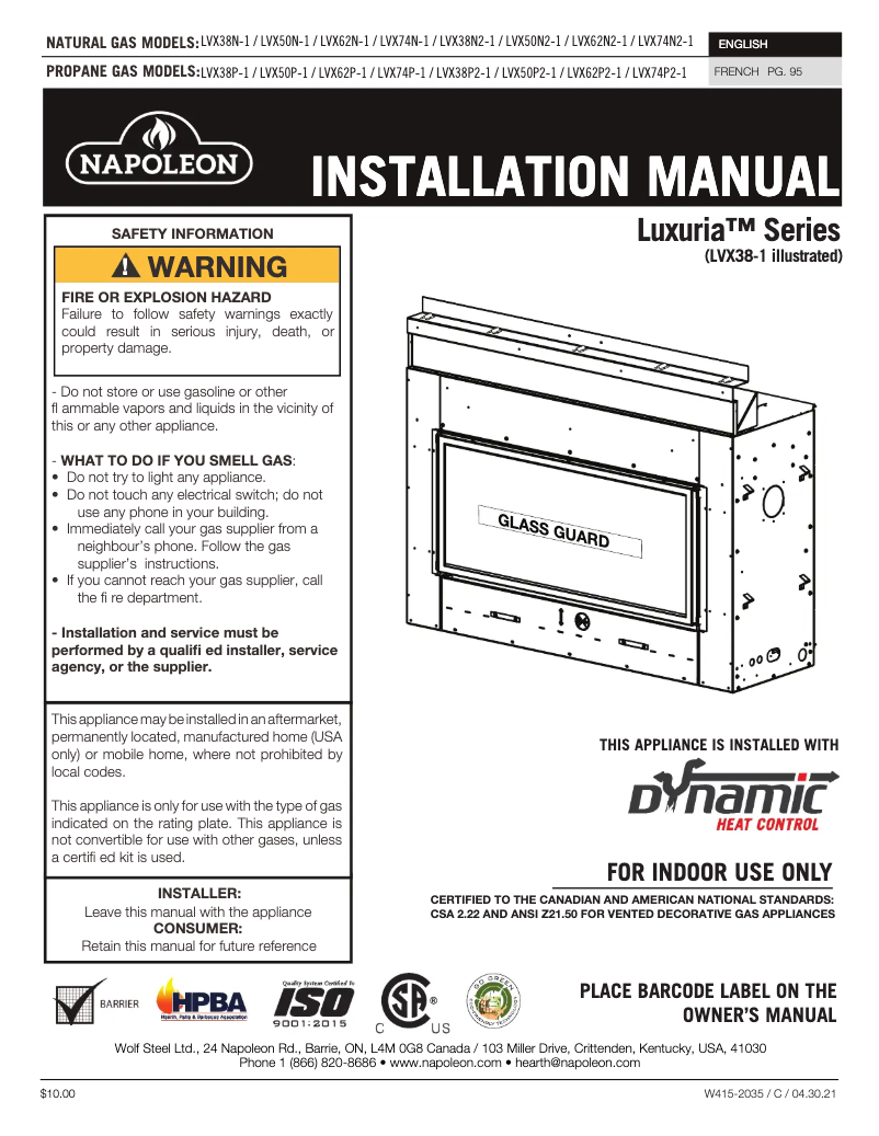 Page 1 de la notice Manuel utilisateur Napoleon Luxuria 74