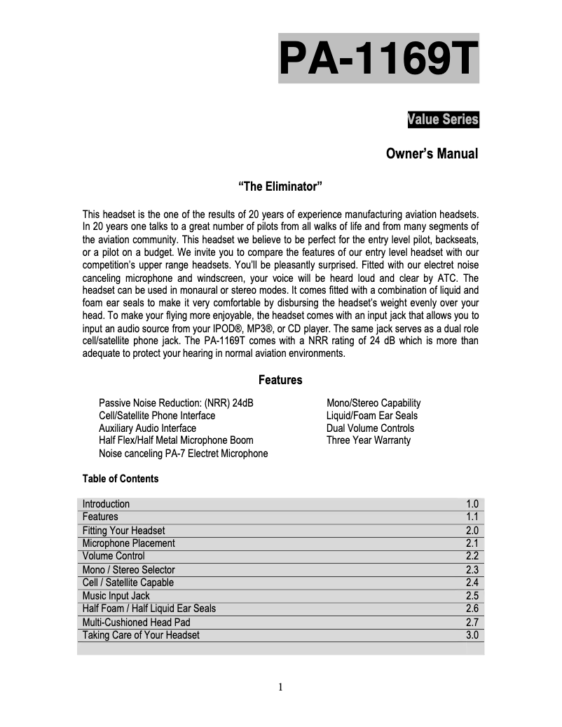 Page 1 de la notice Manuel utilisateur Pilot PA-1169TH