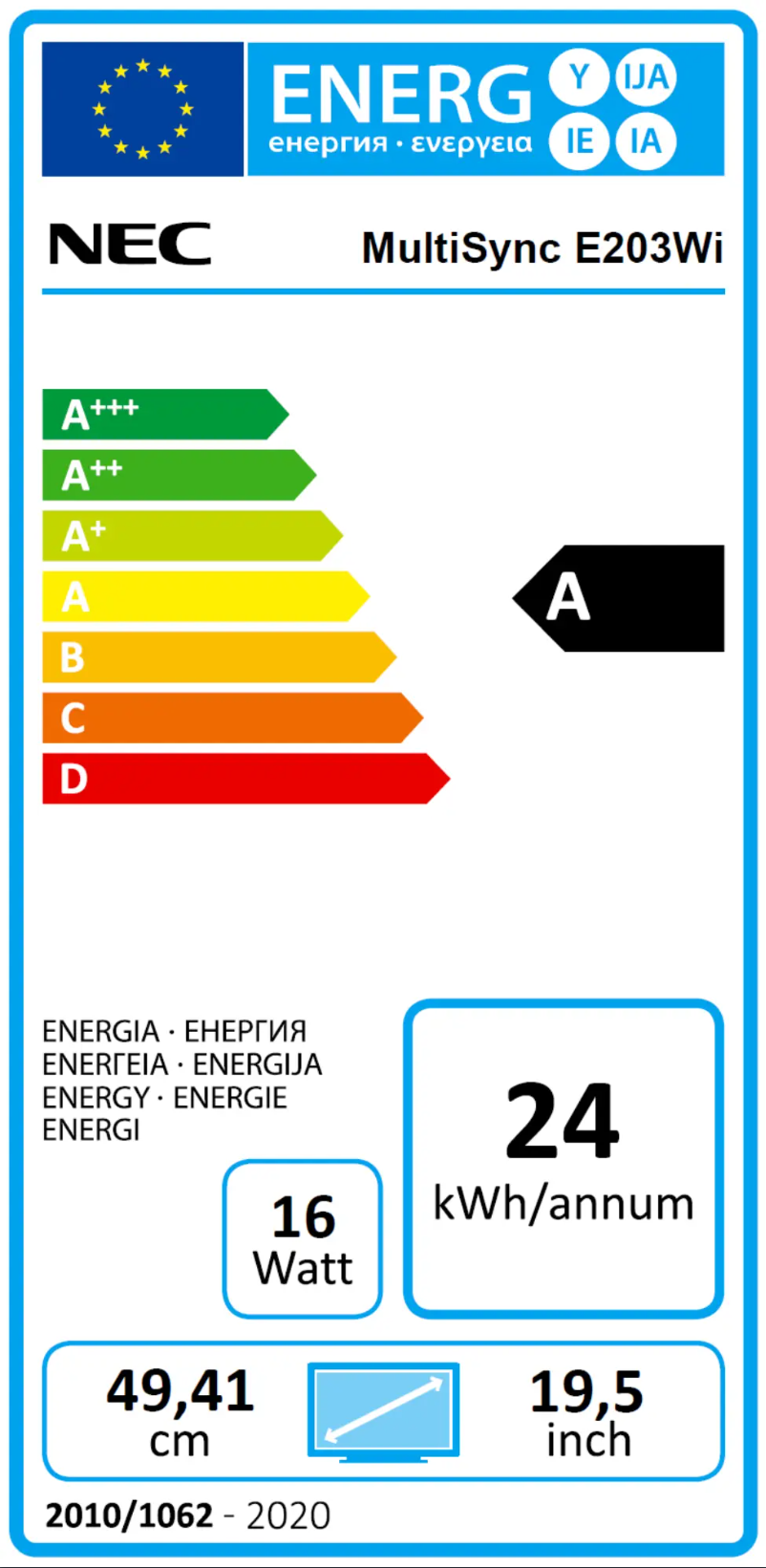 Page n°1 - Label énergétique NEC MultiSync E203Wi