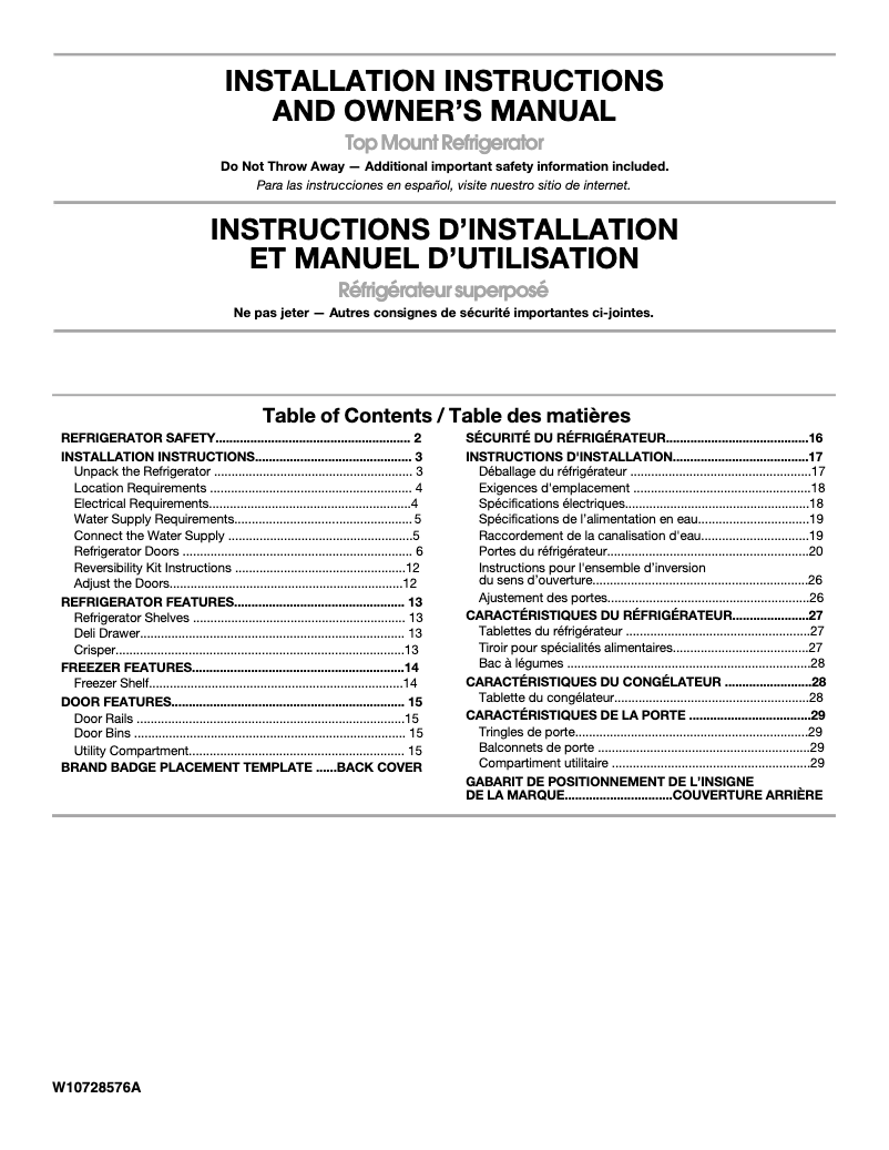 Page n°1 - Guide d'installation Whirlpool WRT318FZD