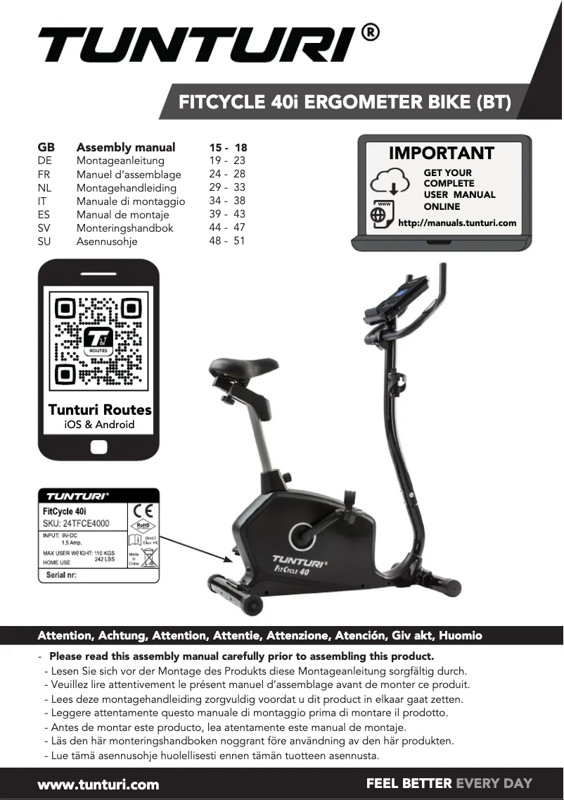 Page 1 de la notice Manuel utilisateur Tunturi FitCycle 40i