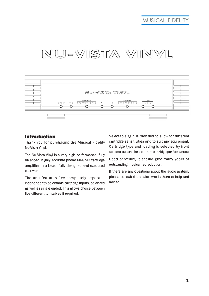 Page 1 de la notice Manuel utilisateur Musical Fidelity Nu-Vista Vinyl