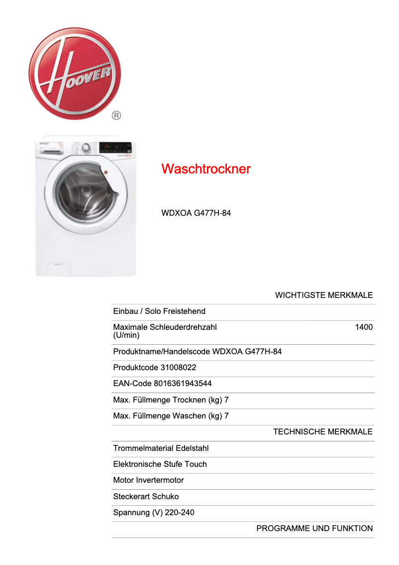 Página 1 del manual Manual de usuario Hoover WDXOA G477H-84