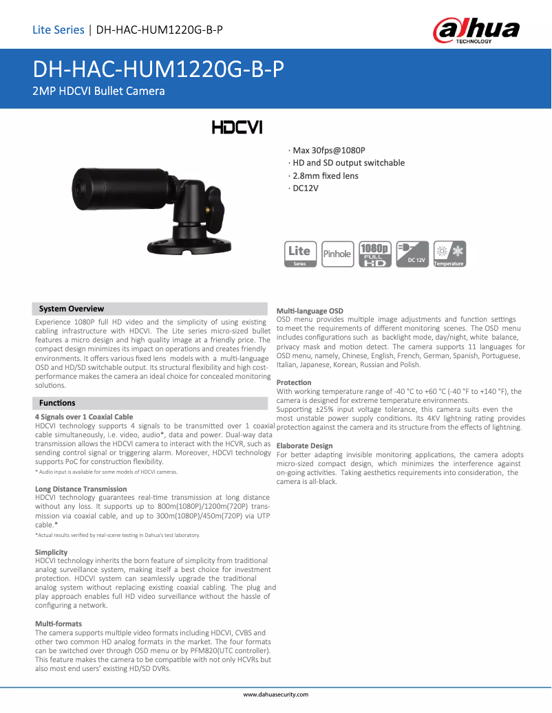 Page 1 de la notice Fiche technique Dahua Technology HAC-HUM1220G-B-P