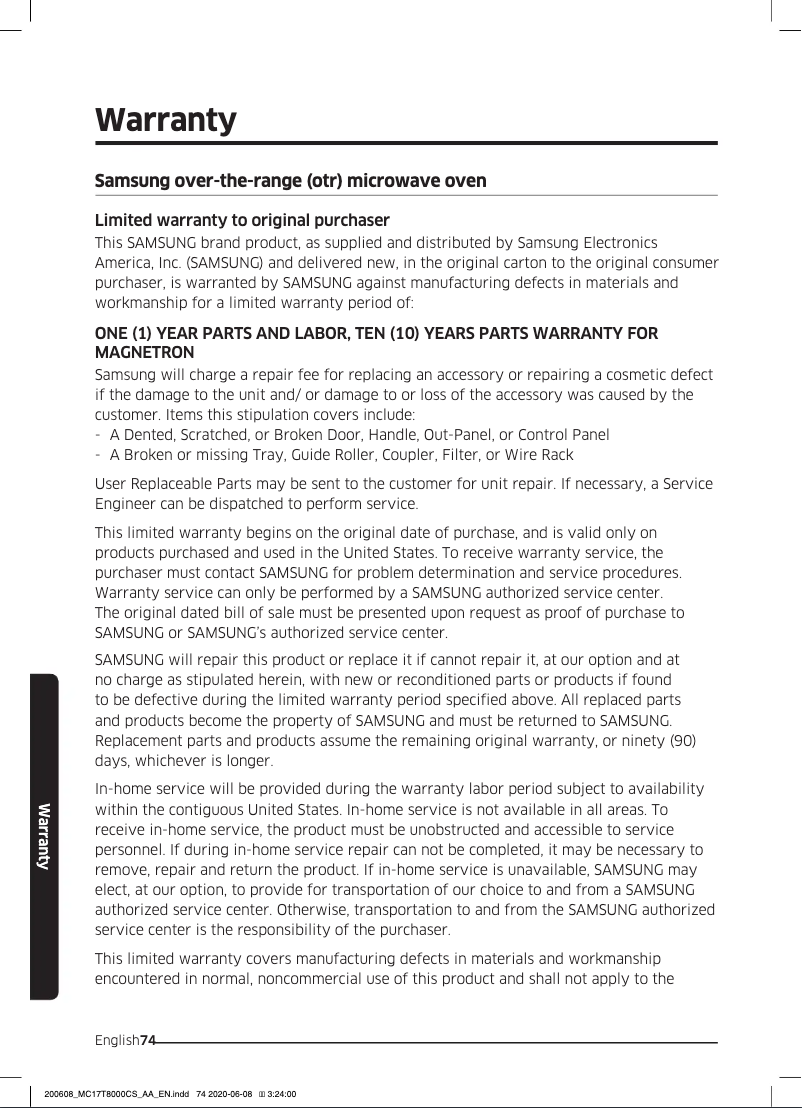 Page 1 de la notice Informations de garantie Samsung ME11A7510DS