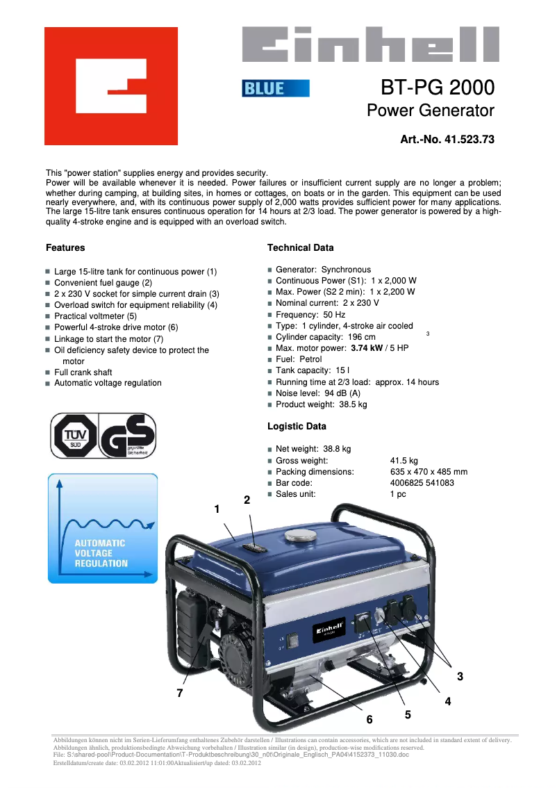 Page n°1 - Manuel utilisateur Einhell BT-PG 2000