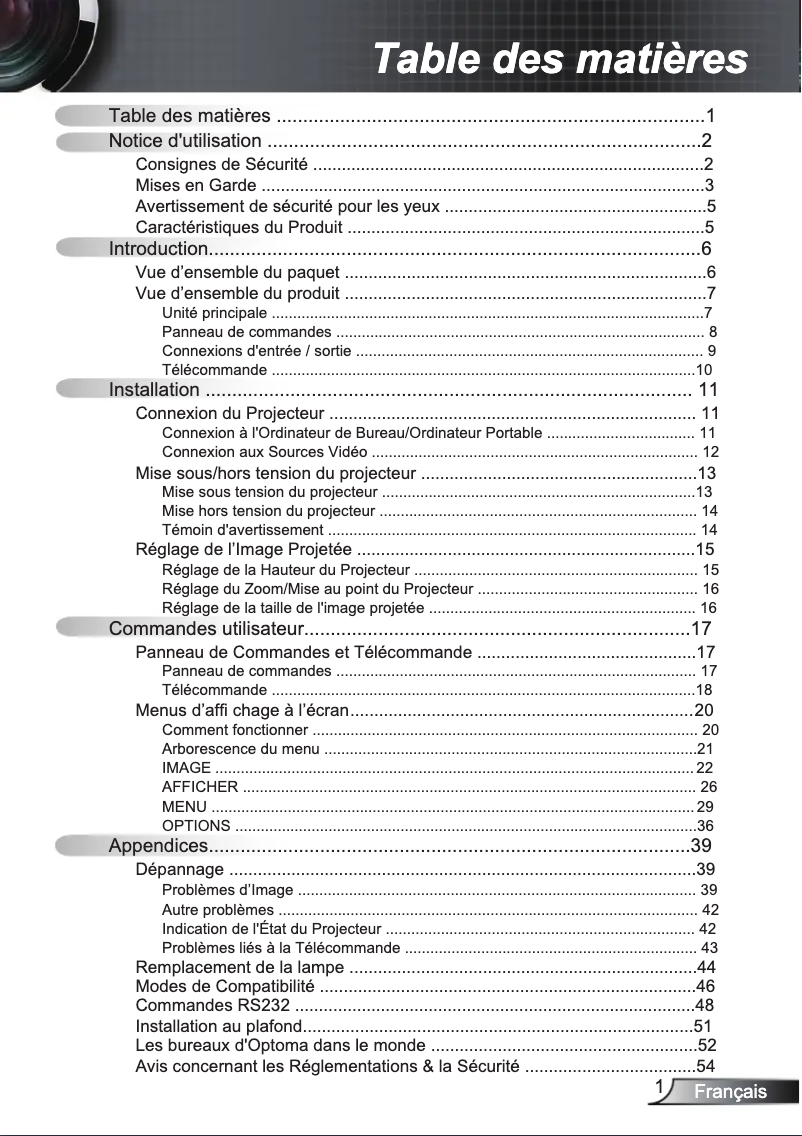 Page n°1 - Manuel utilisateur Optoma ES526