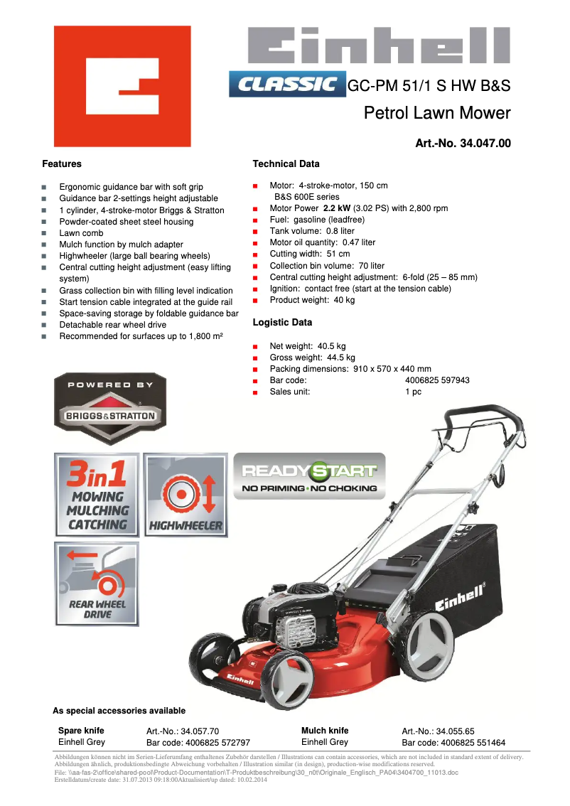 Page 1 de la notice Fiche technique Einhell GC-PM 51/1 S HW B&S