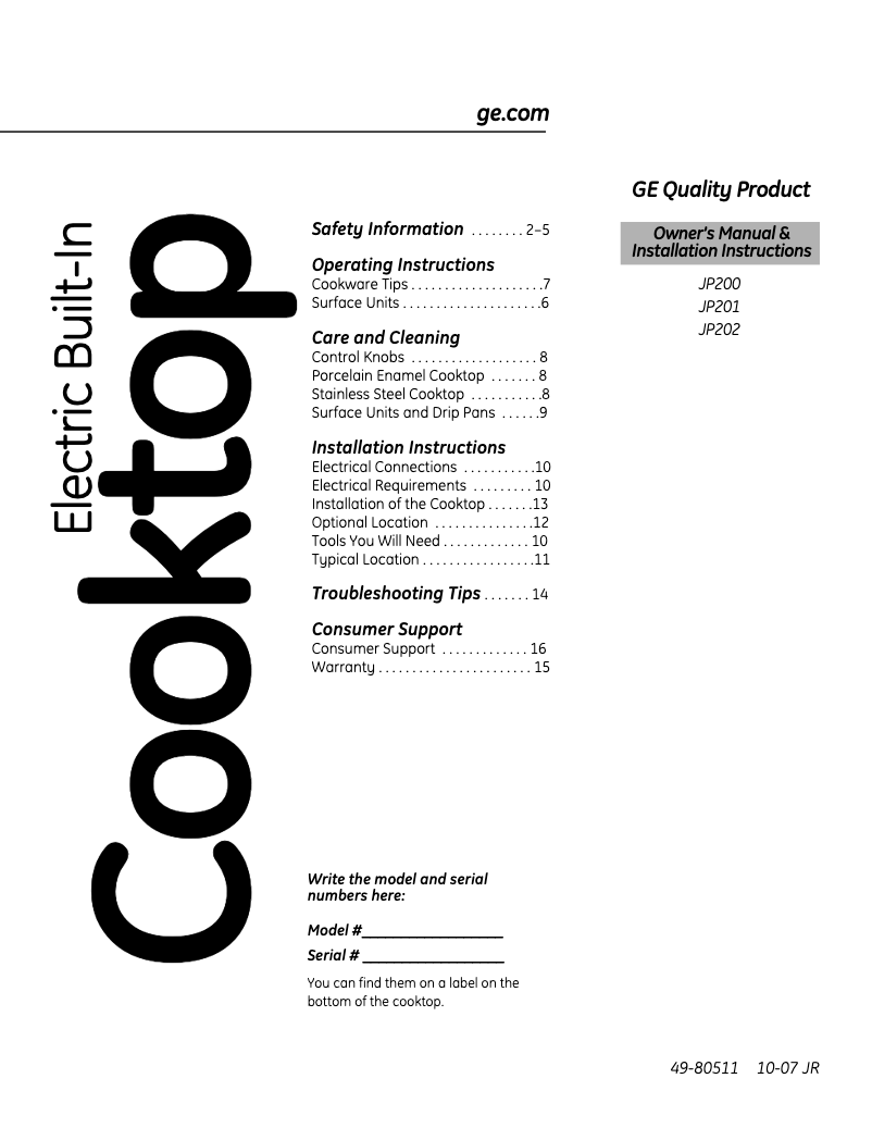 Page n°1 - Mode d'emploi GE JP201CBSS