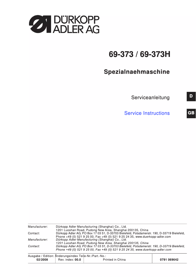 Page n°1 - Manuel utilisateur Dürkopp Adler 69