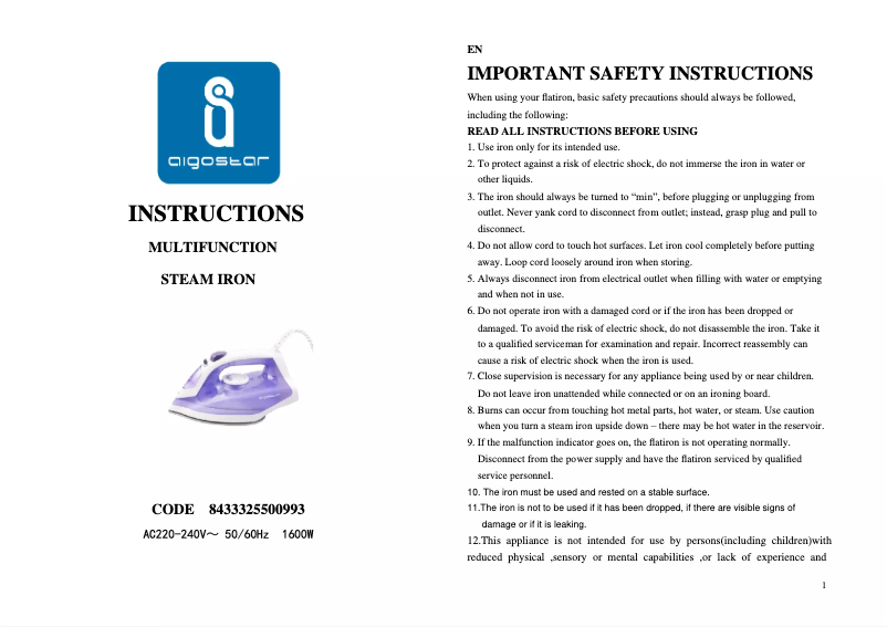 Page n°1 - Manuel utilisateur Aigostar Ceramic Purple 31HGE
