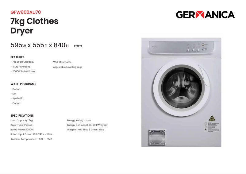 Page 1 de la notice Fiche technique Germanica GTF239AU70SS