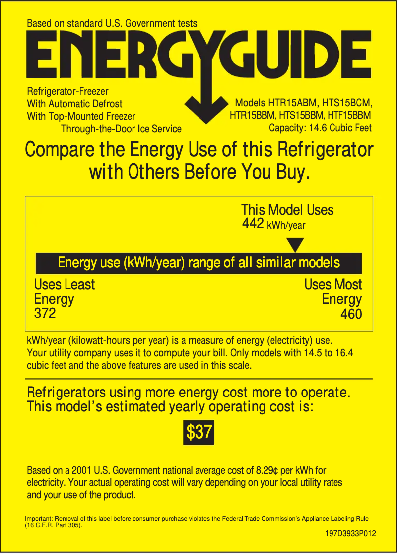 Page n°1 - Label énergétique Hotpoint HTR15ABMRWW