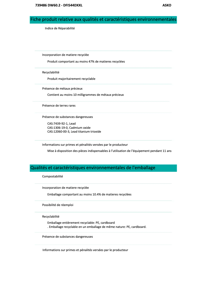 Page 1 de la notice Fiche technique Asko DFI544DXXL