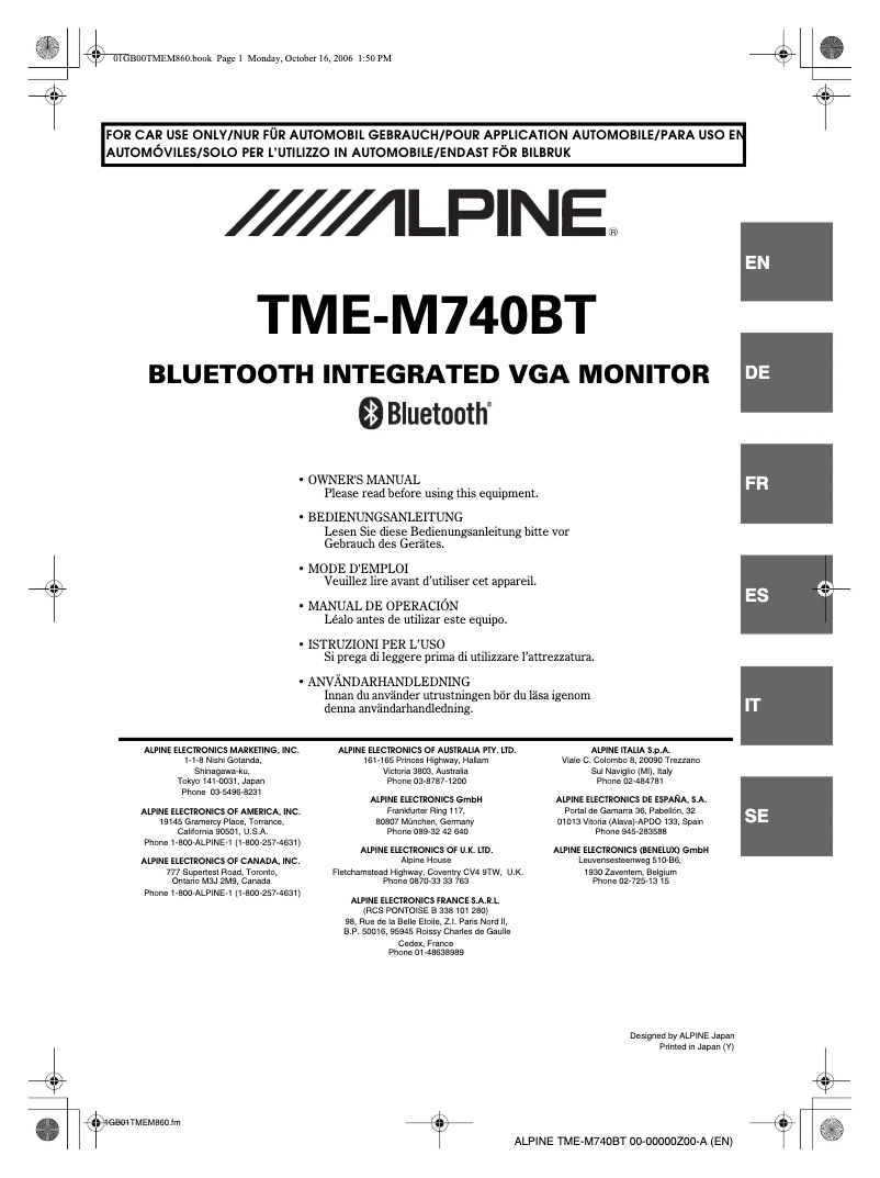 Page n°1 - Manuel utilisateur Alpine TME-M740BT