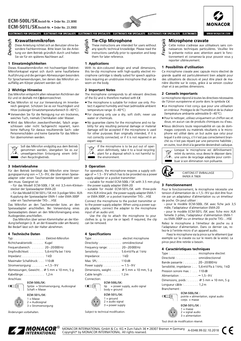 Page n°1 - Manuel utilisateur Monacor ECM-501L/SK