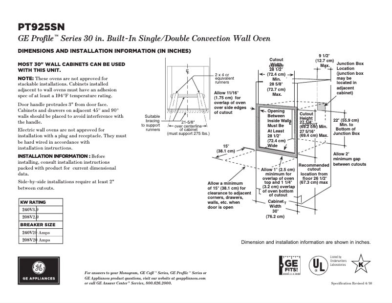 Página 1 del manual Ficha técnica GE Profile PT925SNSS