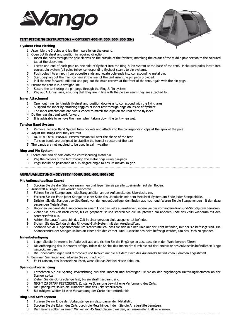 Page n°1 - Manuel utilisateur Vango Odyssey 800