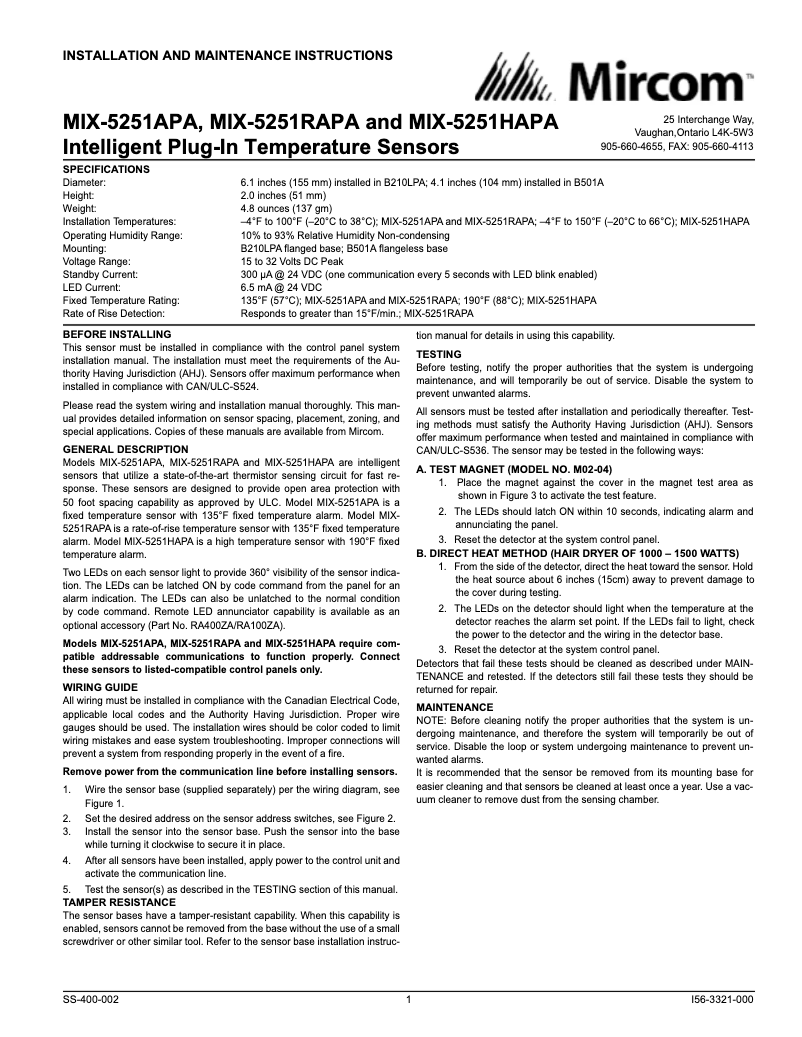 Page 1 de la notice Manuel utilisateur Mircom MIX-5251APA