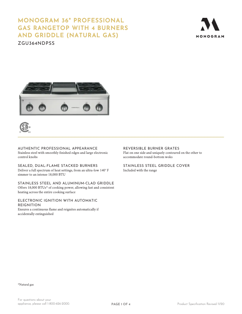 Página 1 del manual Ficha técnica GE ZGU364LDPSS