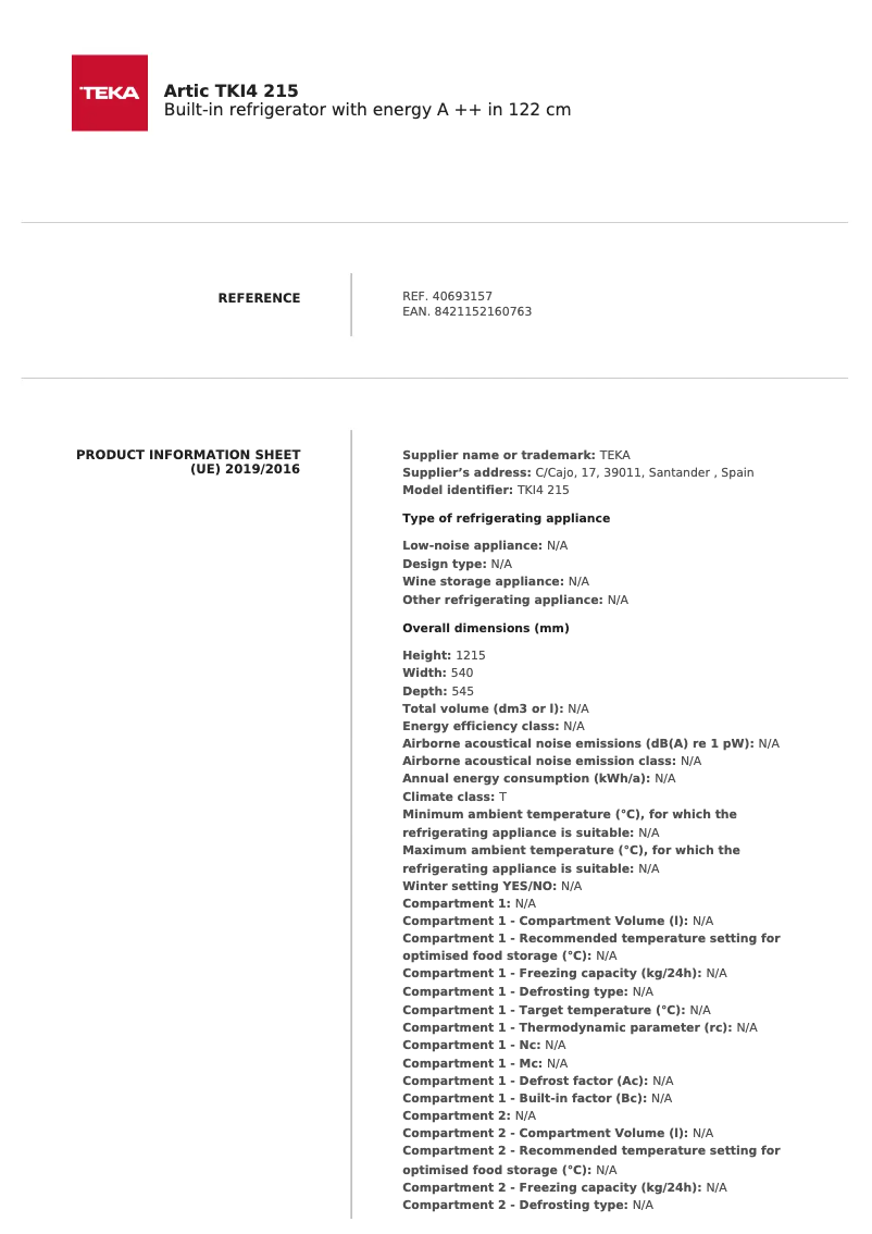 Page 1 de la notice Fiche technique Teka CI 342