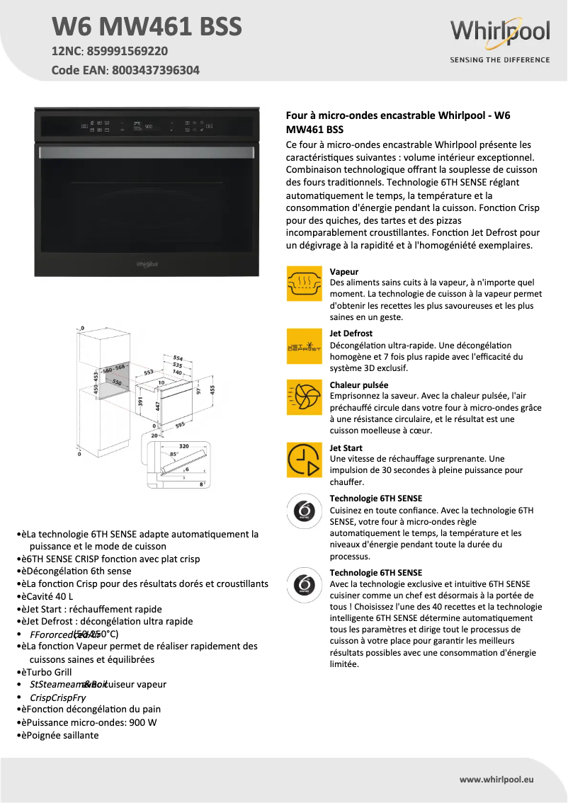 Page 1 de la notice Fiche technique Whirlpool W6 MW461 BSS