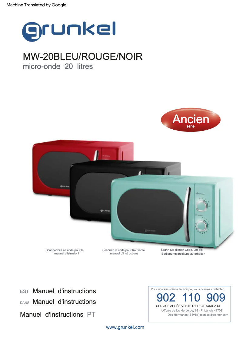 Page 1 de la notice Manuel utilisateur Grunkel MW-20AZUL