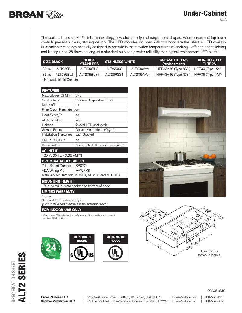 Page n°1 - Fiche technique Broan ALT230SS