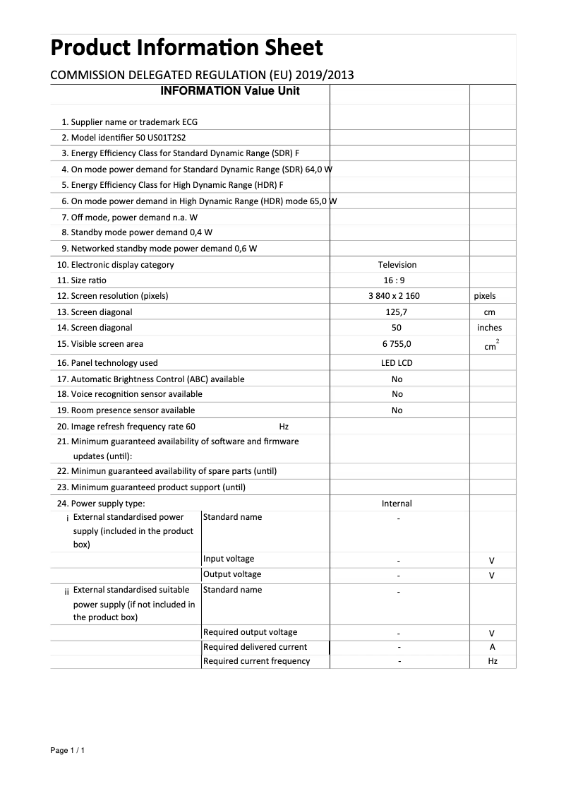 Page 1 de la notice Fiche technique ECG 50 US01T2S2