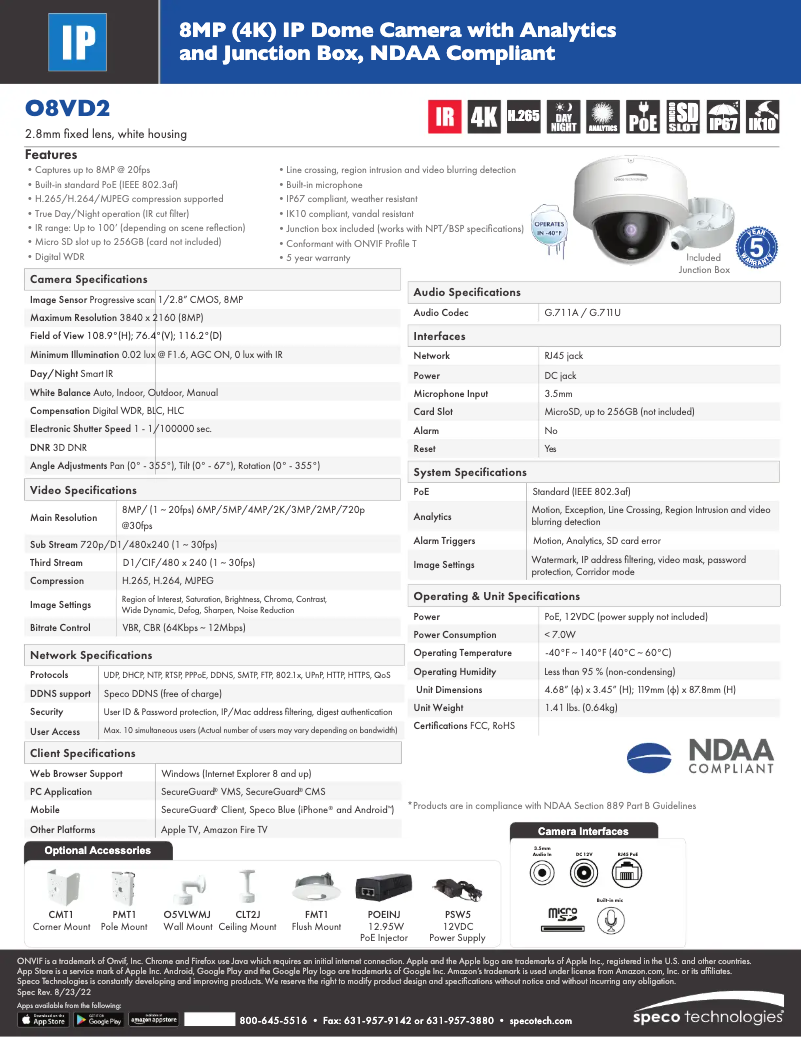 Page 1 de la notice Fiche technique Speco Technologies O8VD2