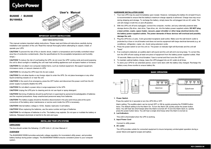 Page n°1 - Manuel utilisateur CyberPower BU600E