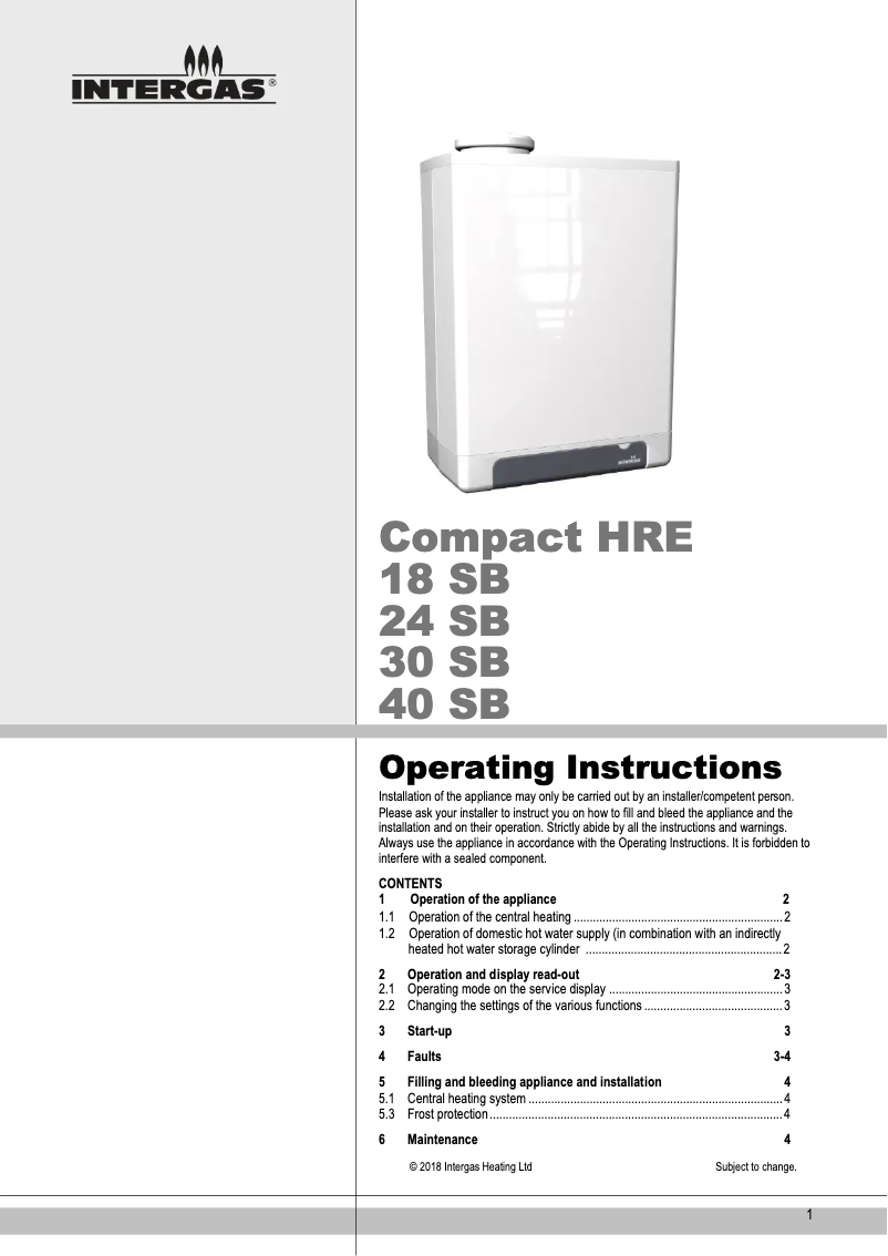 Page 1 of the manual User Manual Intergas Compact HRE 40 SB