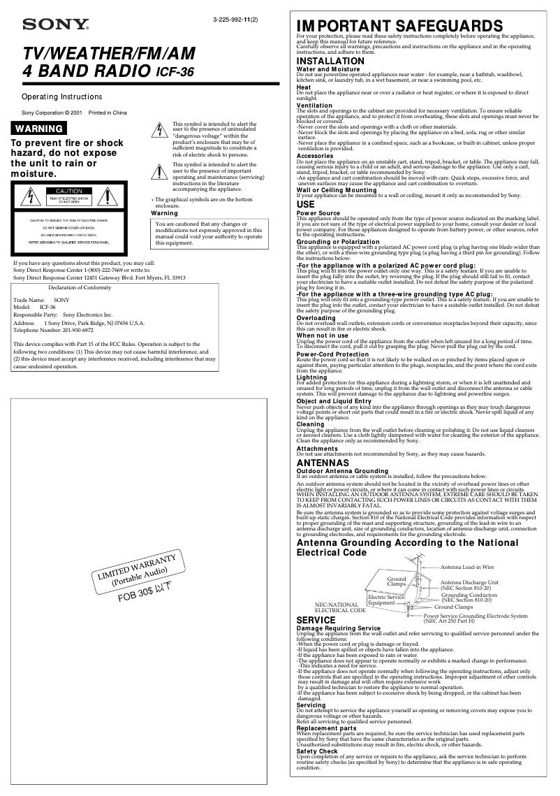 Page 1 de la notice Manuel utilisateur Sony ICF-36
