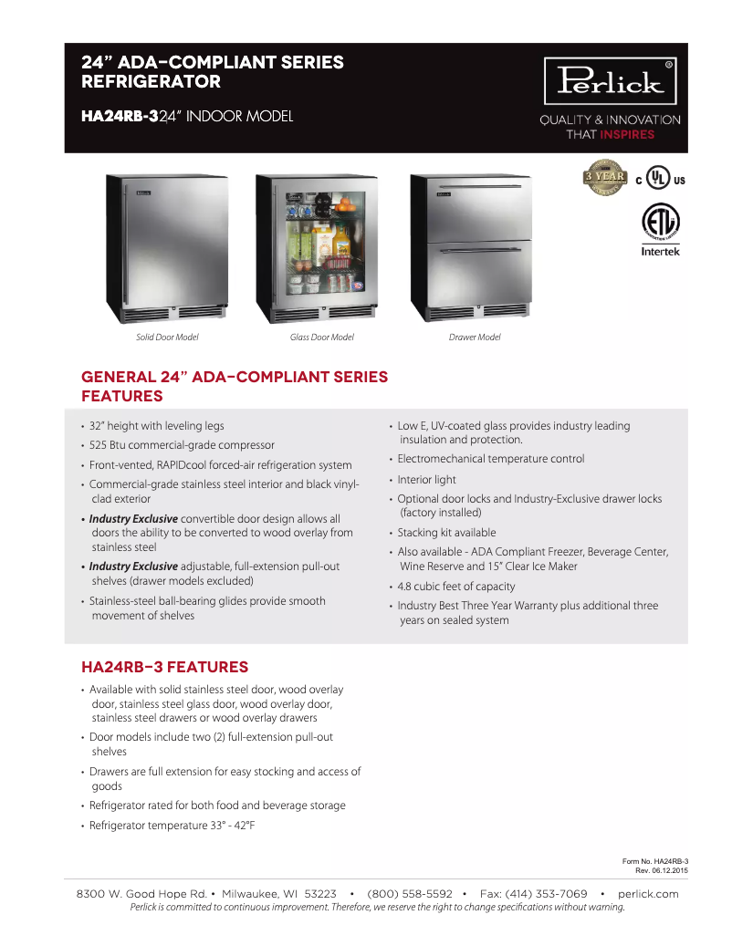 Page 1 de la notice Fiche technique Perlick HA24RB-3-1R