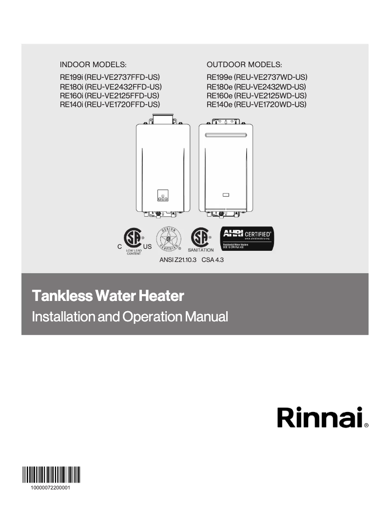 Page n°1 - Guide d'installation Rinnai RE160eN