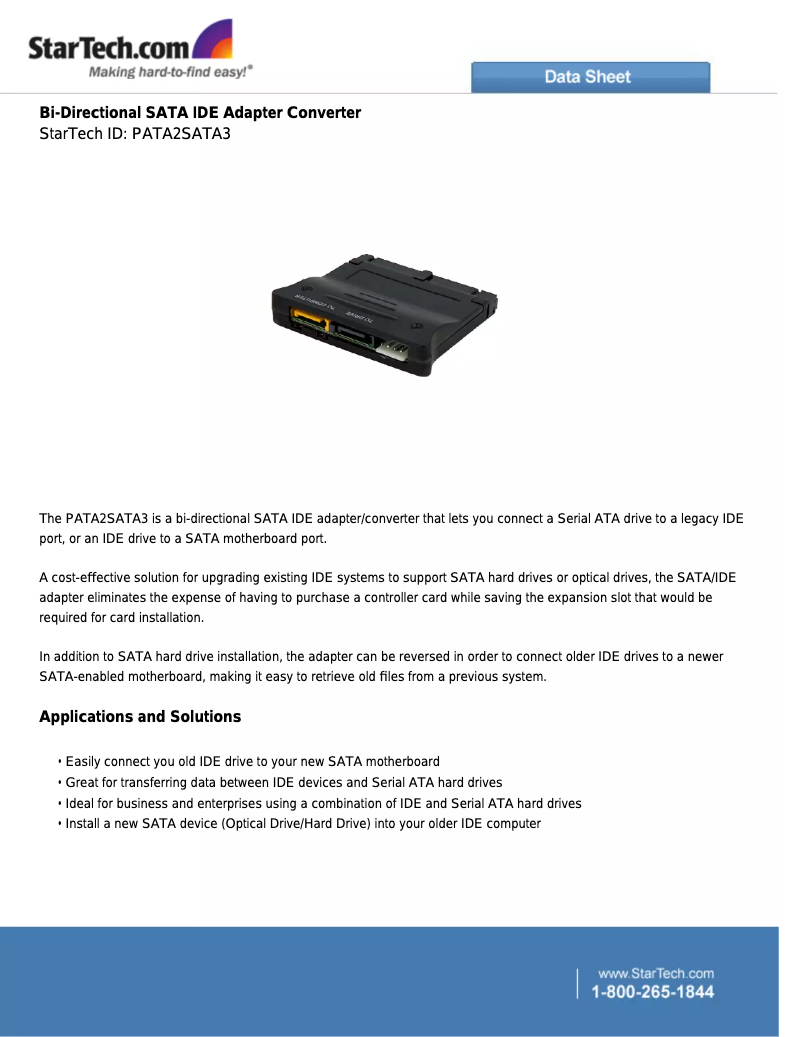 Page 1 de la notice Brochure StarTech.com PATA2SATA3