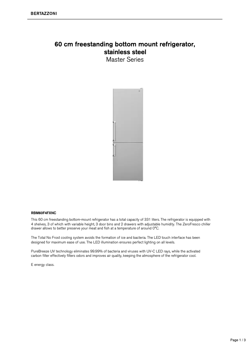 Page 1 de la notice Fiche technique Bertazzoni RBM60F4FXNC